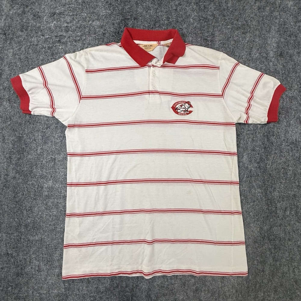 Vintage 80s Cincinnati Reds Logo 7 Polo Shirt Mens L Running Man MLB Striped